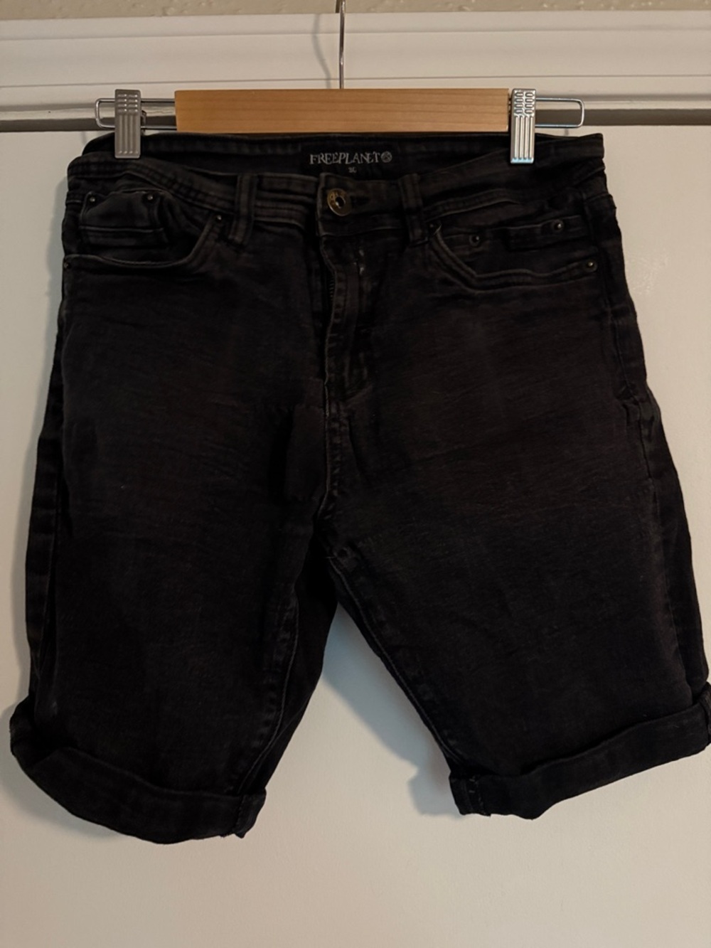 2/$20 Free Planet Washed Black Rolled-Hem Denim Shorts